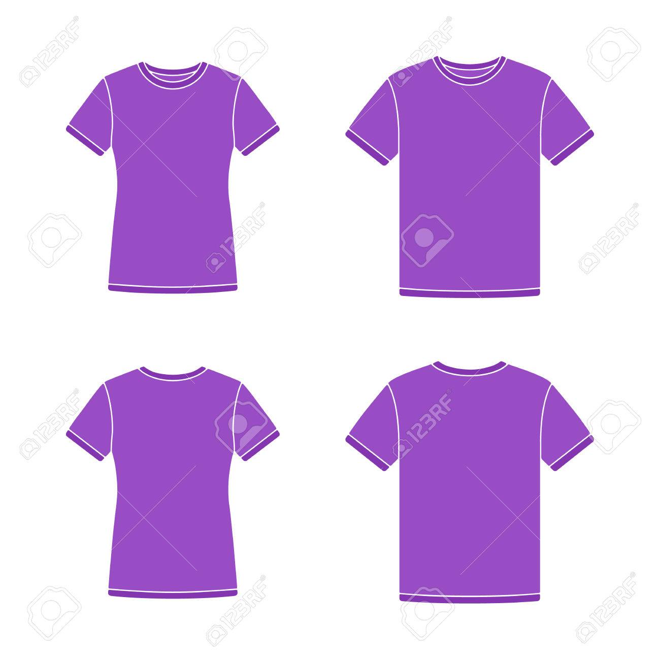 メンズとレディースの紫半袖 T シャツ テンプレート フロントとバックの景色 ベクトル フラット イラスト のイラスト素材 ベクタ Image