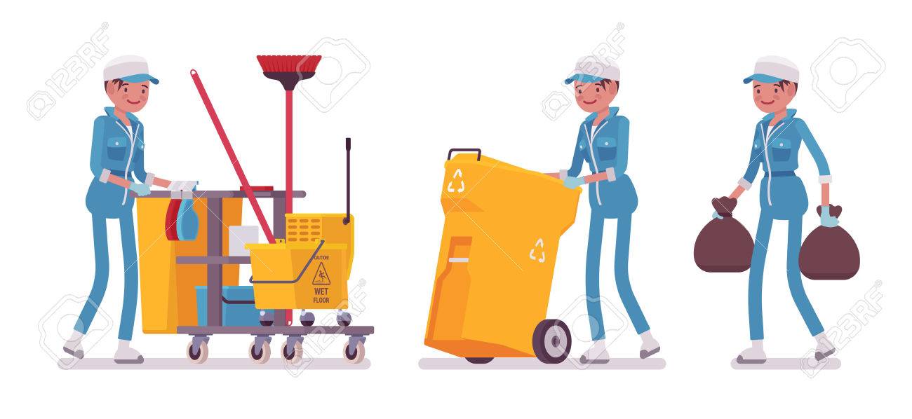 Female janitor cleaning, taking out the trash - 75421163 Female janitor cleaning, taking out the trash - 75421163