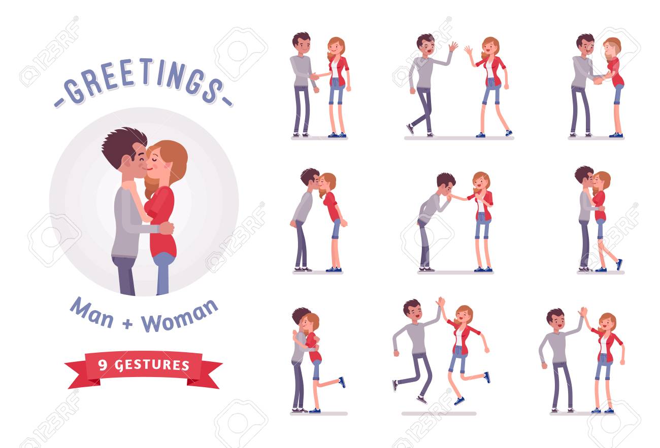 Young man and woman greeting character set, various poses, emotions. - 85573735 Young man and woman greeting character set, various poses, emotions. - 85573735