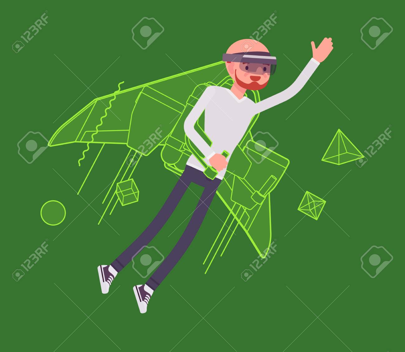 拡張現実感男 Jetpack が飛んでいます 高いインタラクティブな空を表示する 現実の世界 ファンタジーの飛行からの脱出します Ar とエンターテイメントの概念 ベクトル フラット スタイル漫画イラストのイラスト素材 ベクタ Image