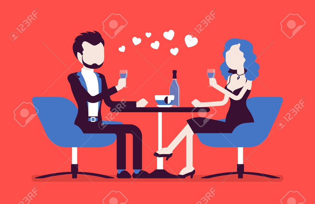 Couple on a romantic date. Young man and woman, pair in love having dinner, meeting of two close loving people in romantic relationships in cafe. Vector illustration with faceless characters - 92278088 Couple on a romantic date. Young man and woman, pair in love having dinner, meeting of two close loving people in romantic relationships in cafe. Vector illustration with faceless characters - 92278088