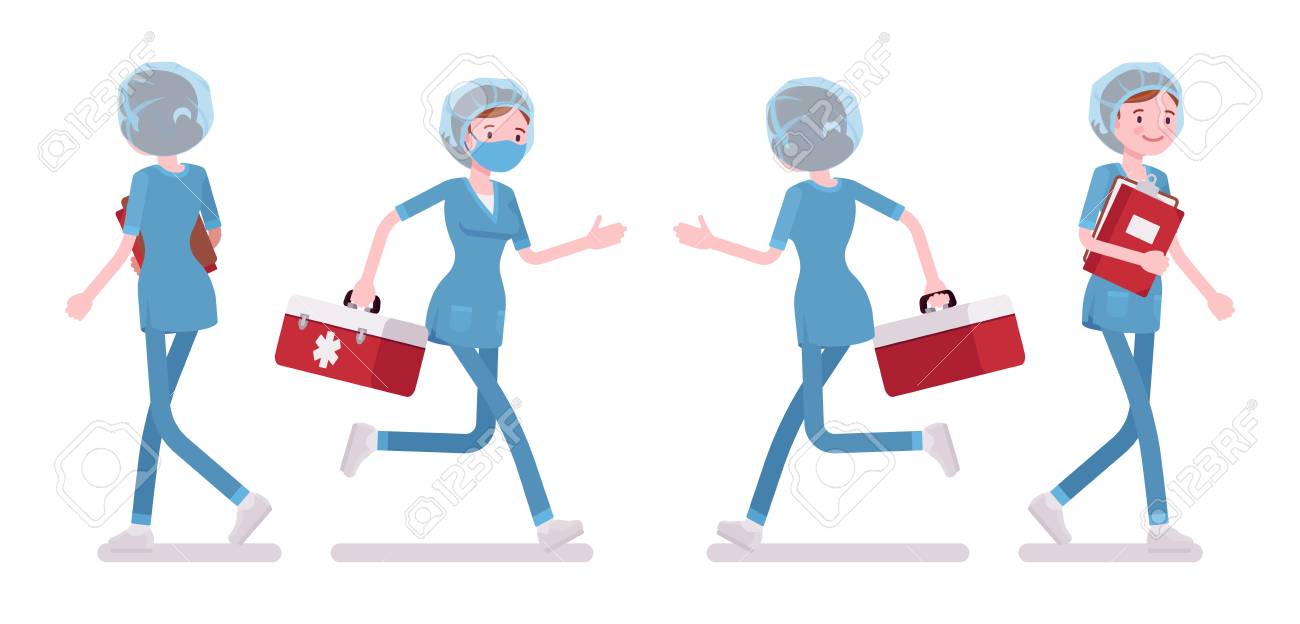 女性看護師が漫画のイラスト 白い背景を歩いて走っています のイラスト素材 ベクタ Image
