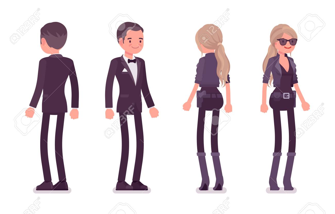 秘密エージェントの男と女性 紳士 情報サービスの女性スパイ データを明らかにするウォッチャー 政治 ビジネス情報 立ち前 後部 ベクターフラットスタイル漫画のイラスト のイラスト素材 ベクタ Image 9771