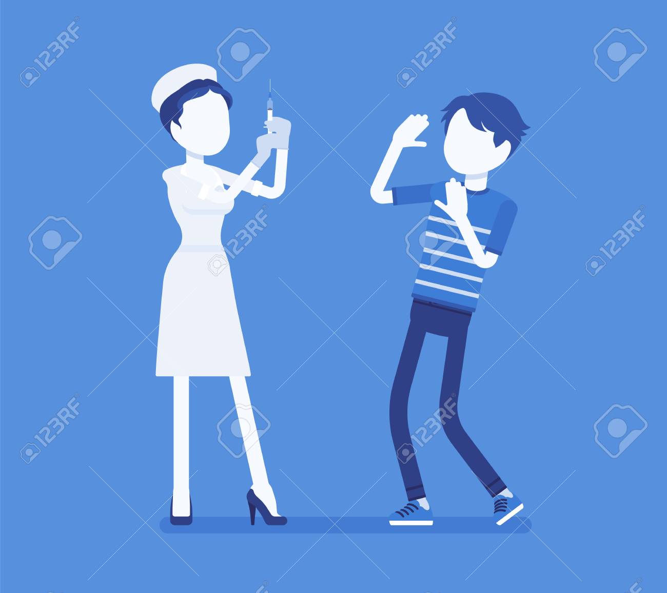 予防接種看護師 恐怖の患者 病気に対する免疫を作るためにワクチンで治療を行う医師 若者は接種キャンペーンを恐れる 顔のない文字を使用したベクトルイラスト のイラスト素材 ベクタ Image