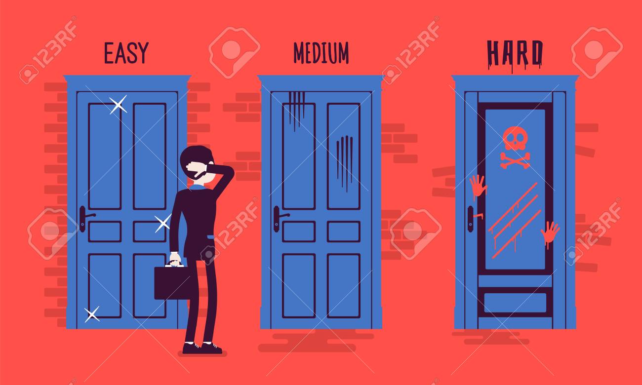 ビジネスマンのための簡単 中程度 難易度の選択 男性マネージャーは ビジネスチャレンジレベルに戸惑い 従業員は3つのドアの間で選択しました ベクトル イラスト 顔のない文字 のイラスト素材 ベクタ Image