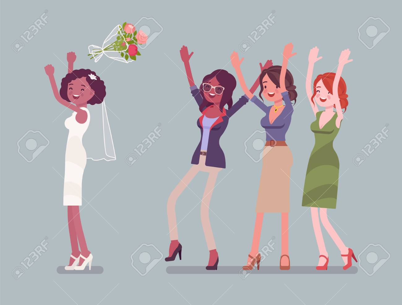 Bride And Bridesmaids In Bouquet Toss Tradition On Wedding