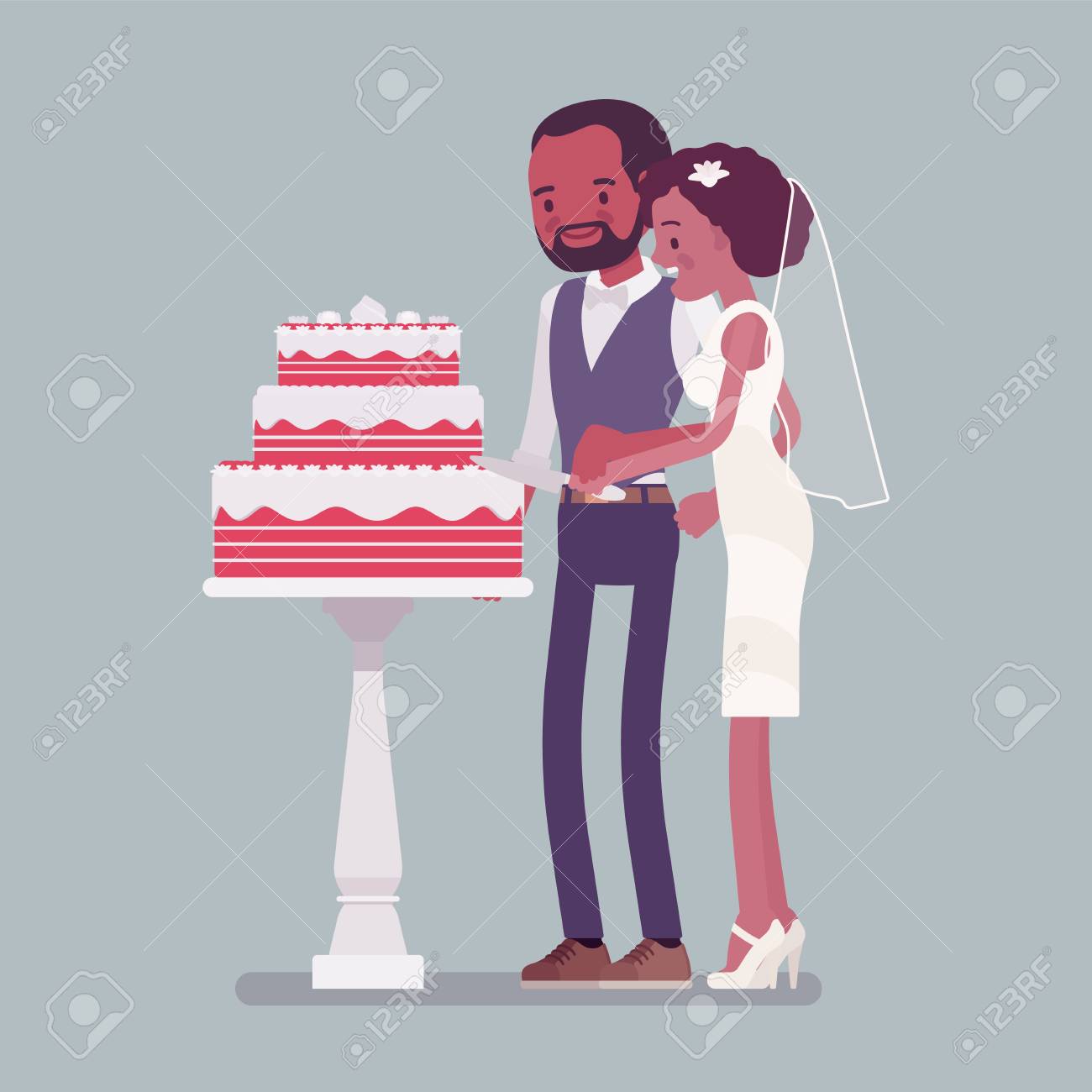 Bride Groom Cutting Cake On Wedding Ceremony African American