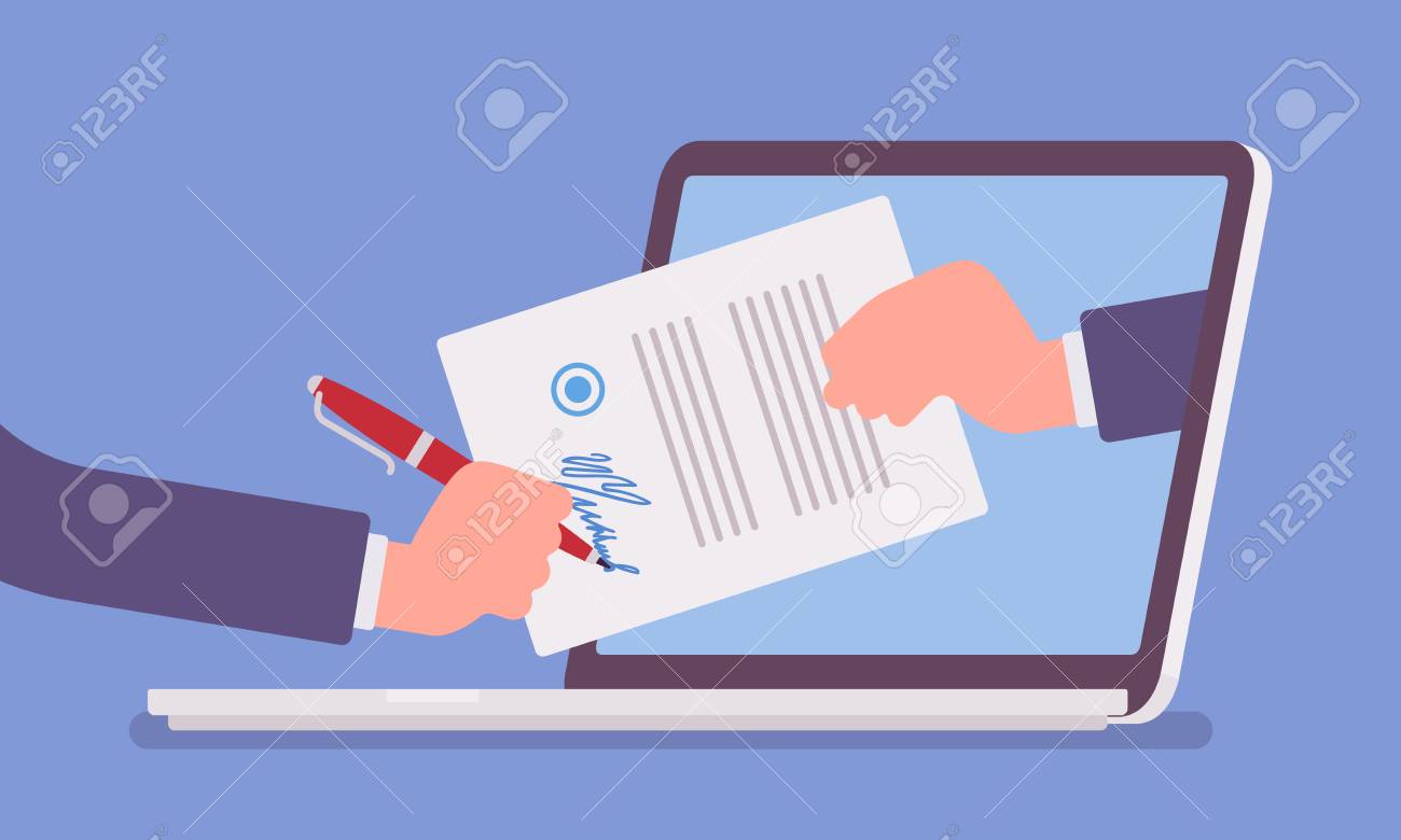 Electronic signature on laptop. Business Esignature technology, digital form attached to electronically transmitted document, verification of intent to sign agreement, legal deal. Vector illustration - 122503952 Electronic signature on laptop. Business Esignature technology, digital form attached to electronically transmitted document, verification of intent to sign agreement, legal deal. Vector illustration - 122503952