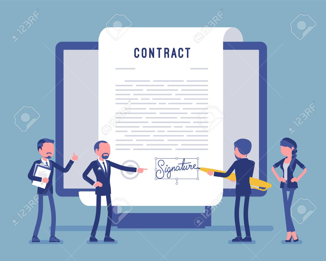 Electronic document signature, contract page on screen. Business people sign official paper, formal agreement, businessman with giant pen putting name. Vector illustration, faceless characters - 122503995 Electronic document signature, contract page on screen. Business people sign official paper, formal agreement, businessman with giant pen putting name. Vector illustration, faceless characters - 122503995