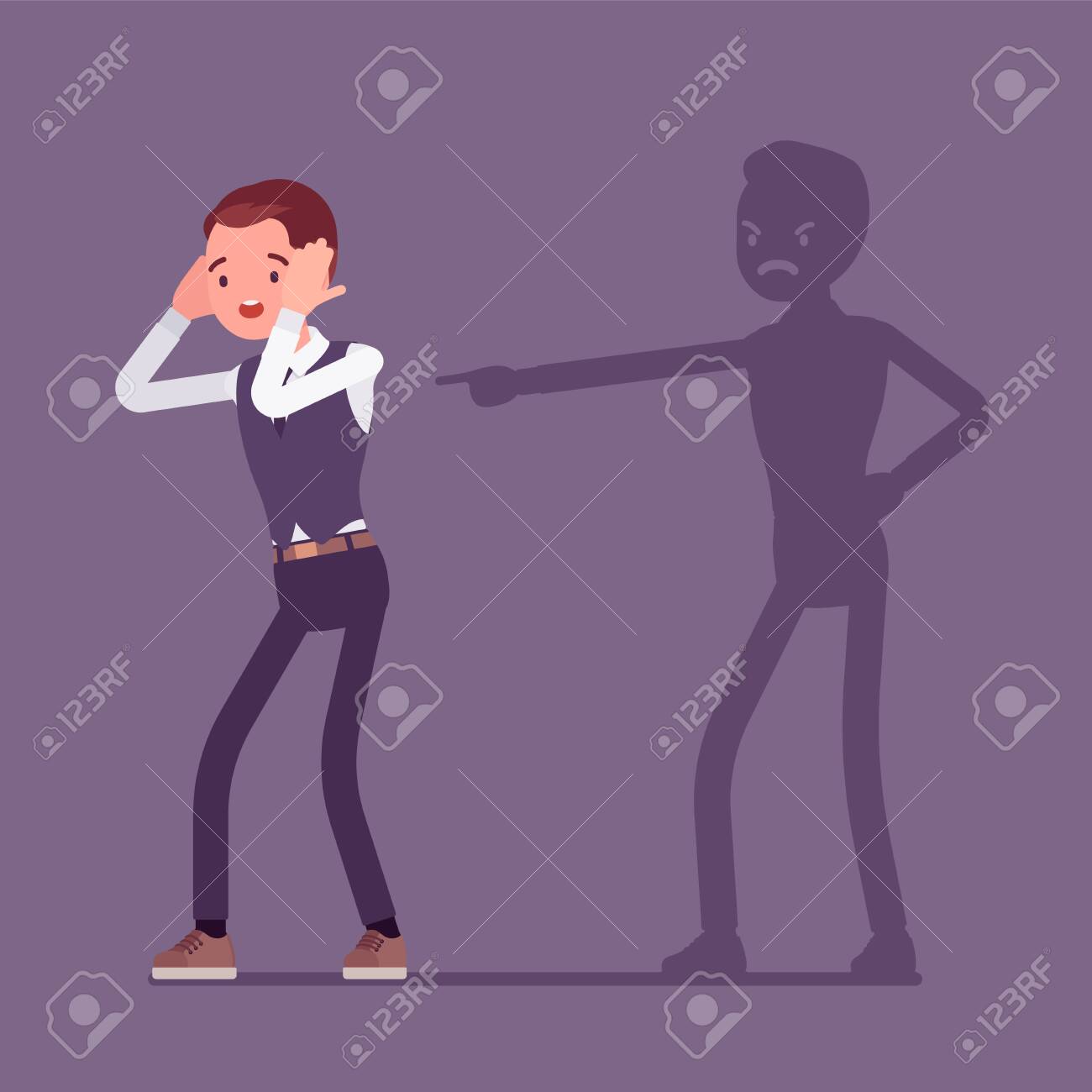 Samoobwinianie emocji, winy i wstrętu do siebie człowieka. stresująca sytuacja lub depresja, przemoc emocjonalna, wstyd, zmartwienie, nieszczęście, odpowiedzialność za błąd lub zło. ilustracja kreskówka wektor płaski - 137955113 Samoobwinianie emocji, winy i wstrętu do siebie człowieka. stresująca sytuacja lub depresja, przemoc emocjonalna, wstyd, zmartwienie, nieszczęście, odpowiedzialność za błąd lub zło. ilustracja kreskówka wektor płaski - 137955113