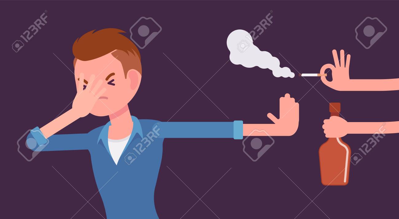 Bad habits refusal, boy against use of alcohol and smoking. Guy breaking or kicking, trying to get rid of drink and tobacco temptation, habit-control strategy. Vector flat style cartoon illustration - 137954837 Bad habits refusal, boy against use of alcohol and smoking. Guy breaking or kicking, trying to get rid of drink and tobacco temptation, habit-control strategy. Vector flat style cartoon illustration - 137954837