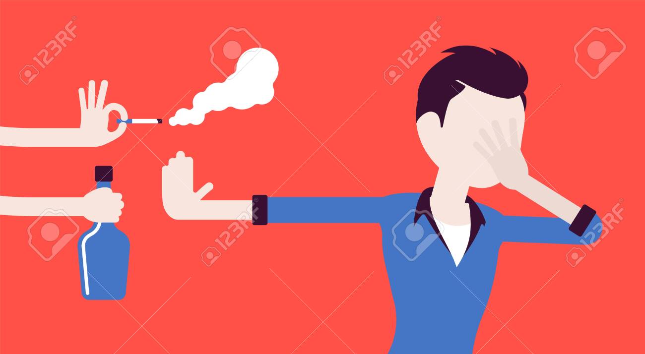 Bad Habits Refusal, Boy Against Use Of Alcohol And Smoking. Guy Breaking Or  Kicking, Trying To Get Rid Of Drink And Tobacco Temptation, Habit-control  Strategy. Vector Illustration Royalty Free SVG, Cliparts, Vectors,, image size:1300x714