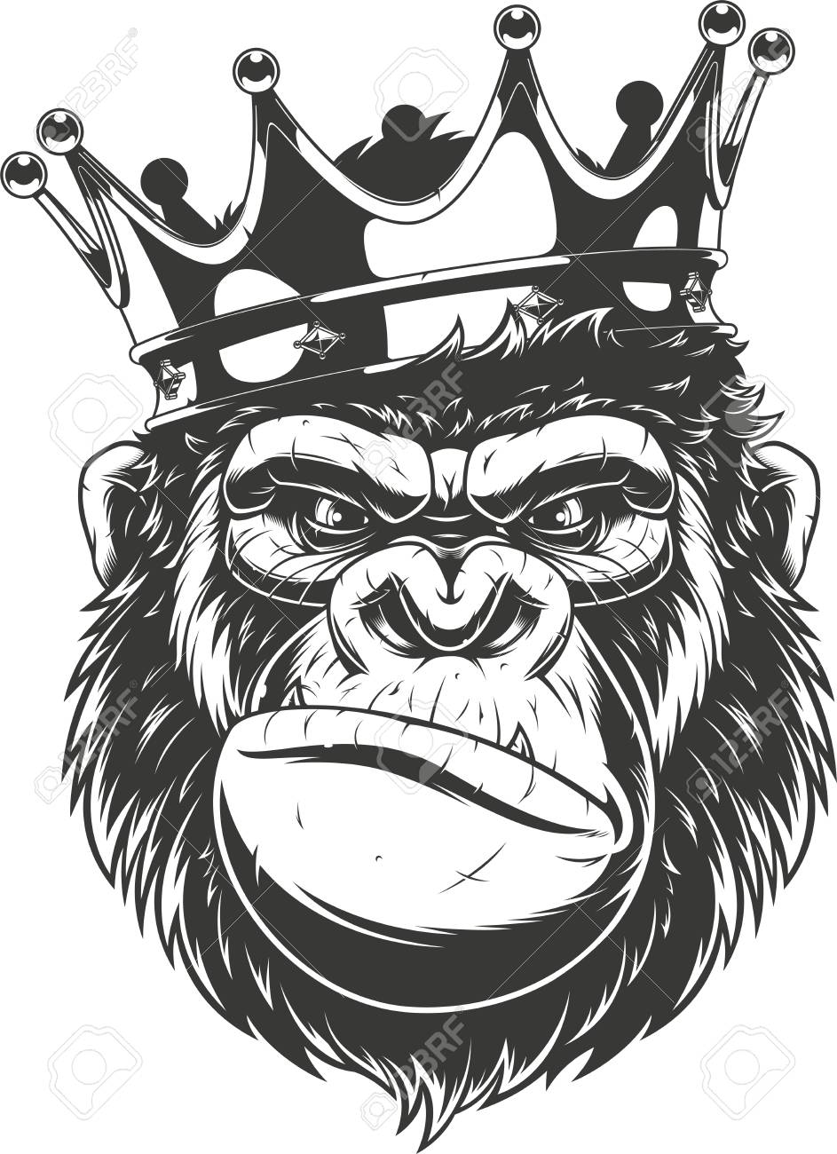 Vector Illustration Ferocious Gorilla Head On With Crown