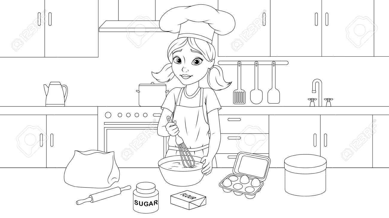 Vector Illustration Coloring Book Cute Girl Cooks A Cake In Royalty Free Cliparts Vectors And Stock Illustration Image 127215022