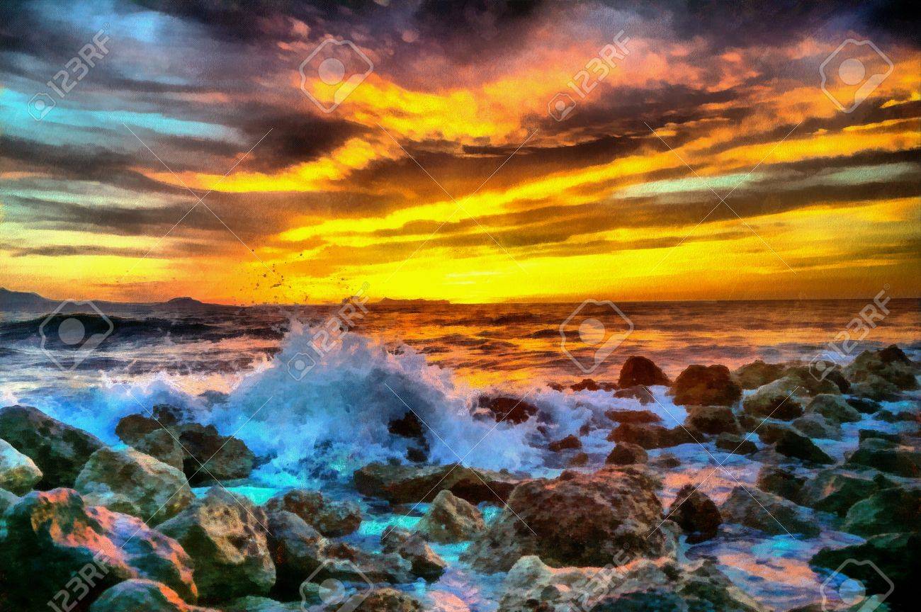 Coucher de soleil mer, peinture à l'huile Coucher de soleil mer, peinture à l'huile