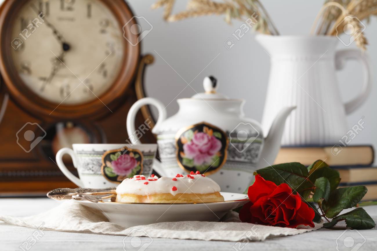 Lovers Breakfast For Valentines Day With Donut Tea And Red Stock Photo Picture And Royalty Free Image Image 70019975