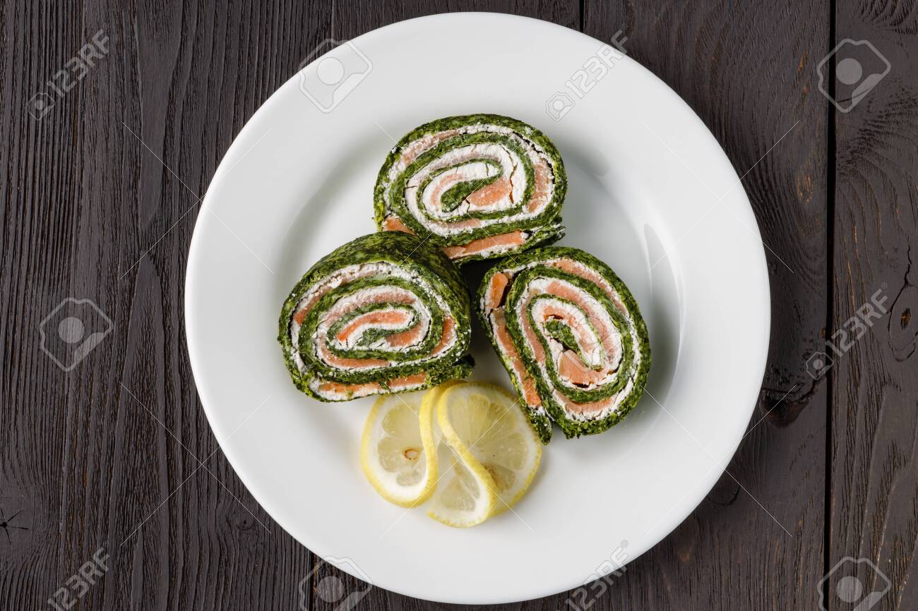 Spinach Rolls With Smoked Salmon And Cream Cheese Stock Photo Picture And Royalty Free Image Image 125029653
