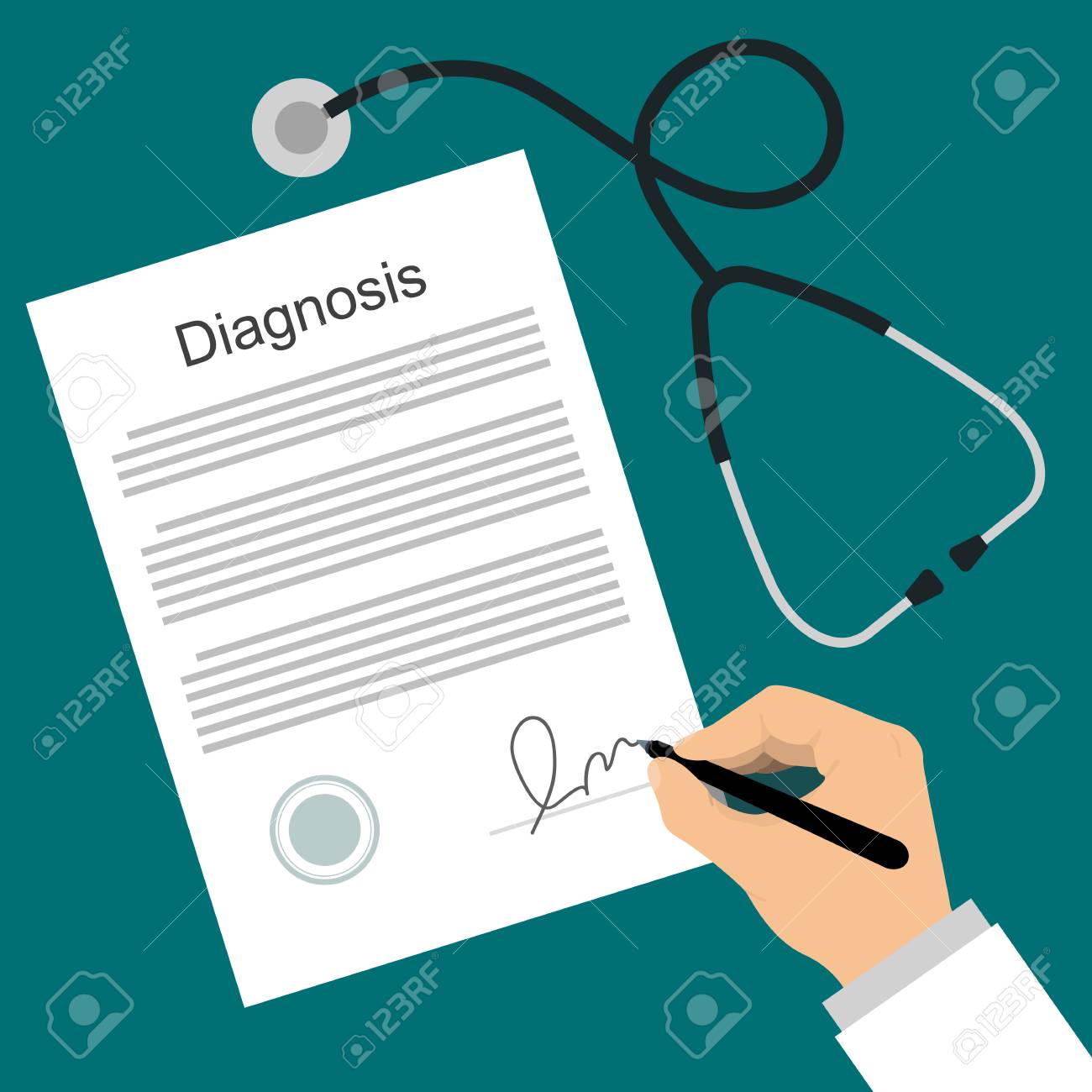 医者は 診断リストに署名を置きます ヘルスケアの概念フラットのベクター イラストです 医師診断 文書に署名します 医師がクリニックで聴診器でテーブルで動作し 紙に書いたのイラスト素材 ベクタ Image