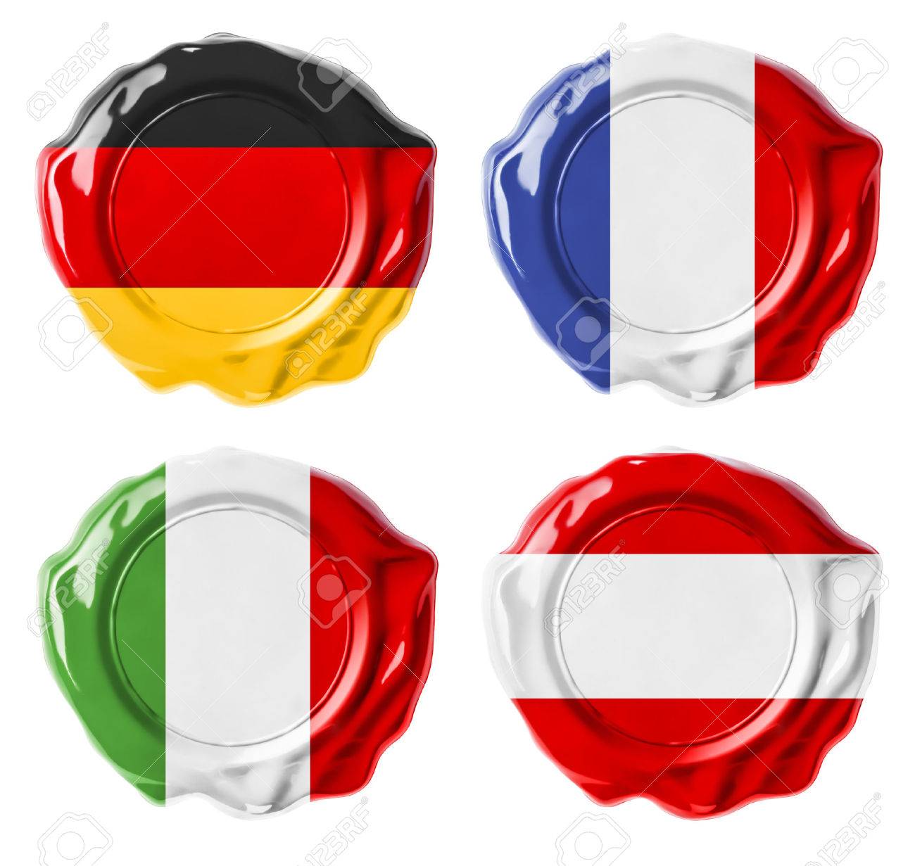 ドイツ フランス イタリア オーストリアの国旗のワックス シール セット白で隔離されます の写真素材 画像素材 Image