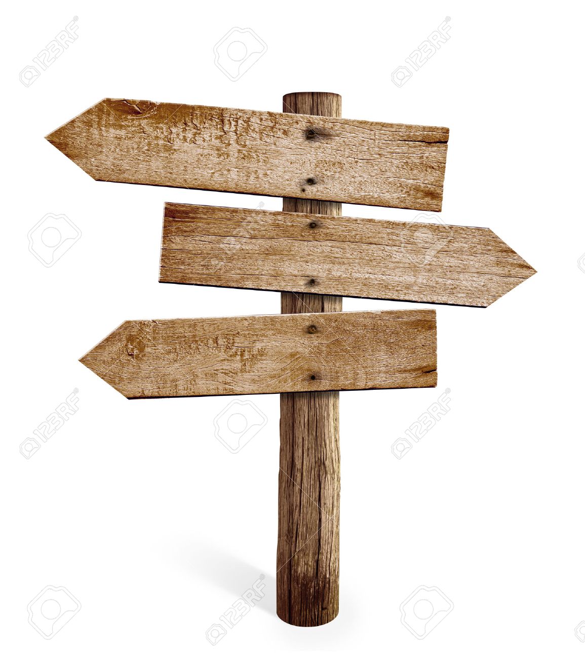 wooden arrow sign post or road signpost isolated stock photo