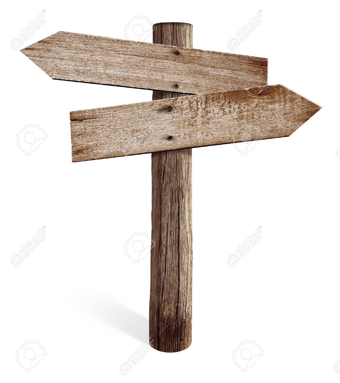 old wooden road sign with left and right arrows isolated stock photo
