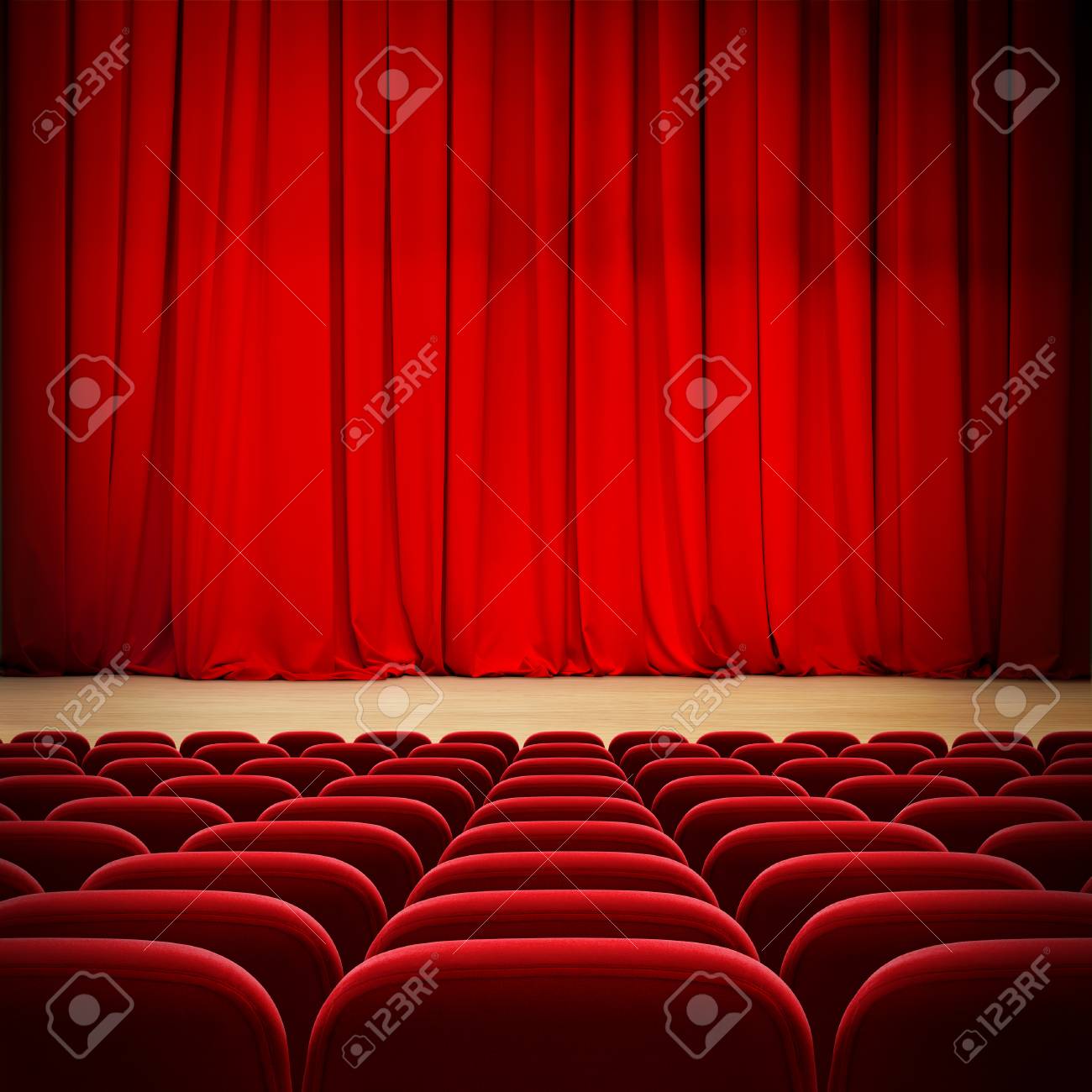 Theater Roten Vorhang Auf Der Buhne Mit Roten Sitzen Lizenzfreie Fotos Bilder Und Stock Fotografie Image
