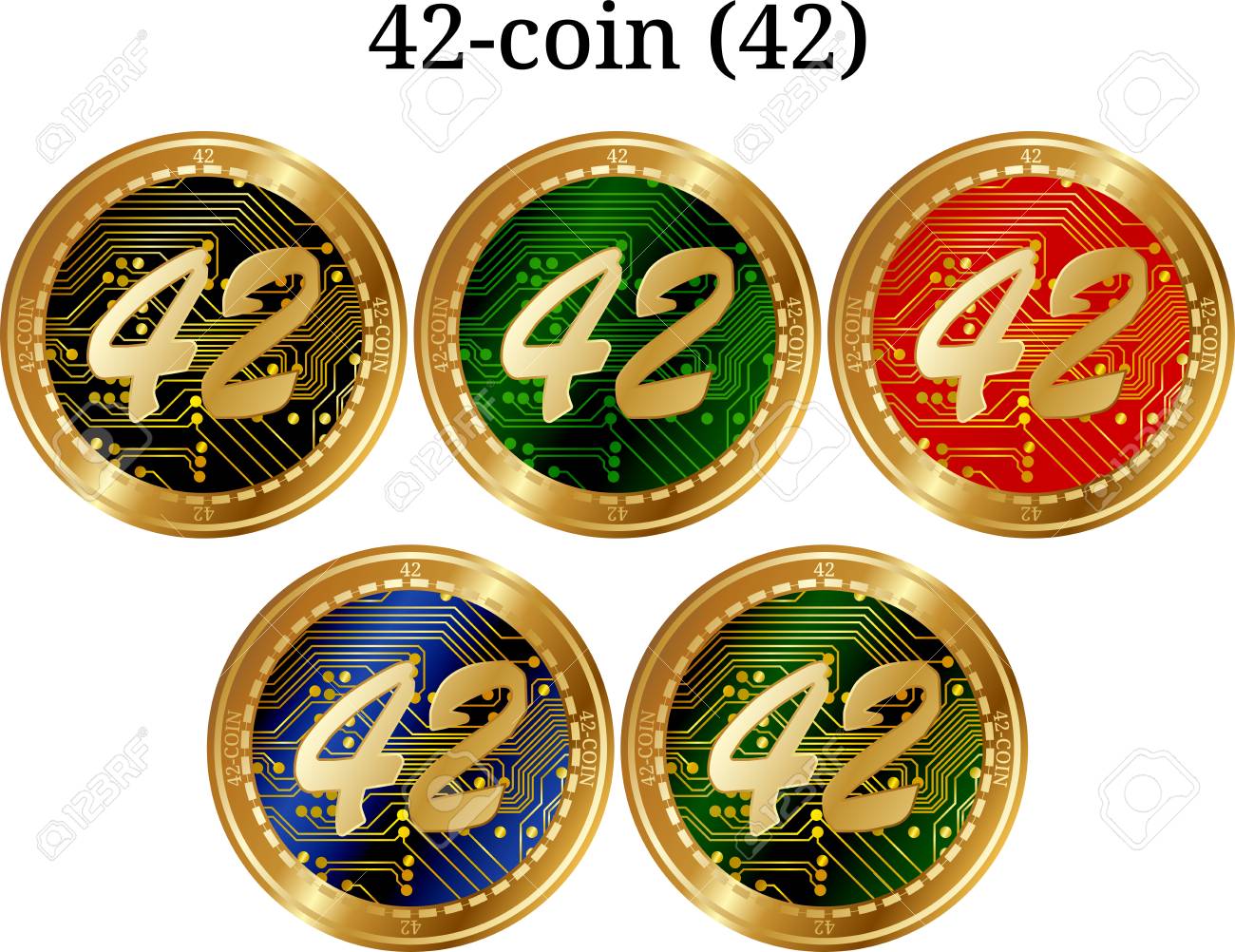 Conjunto De Moneda De Oro Física De 42 Monedas (42), Criptomoneda Digital.  Conjunto De Iconos De 42 Monedas (42). Ilustración De Vectores Aislado  Sobre Fondo Blanco. Ilustraciones svg, vectoriales, clip art vectorizado
