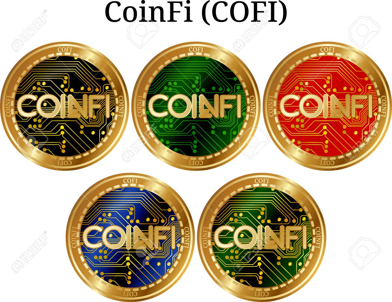 실제 황금 동전 CoinFi (COFI), 디지털 Cryptocurrency의 집합입니다. CoinFi (COFI) 아이콘을  설정합니다. 벡터 일러스트 레이 션 흰색 배경에 고립 로열티 무료 사진, 그림, 이미지 그리고 스톡포토그래피. Image 96251522