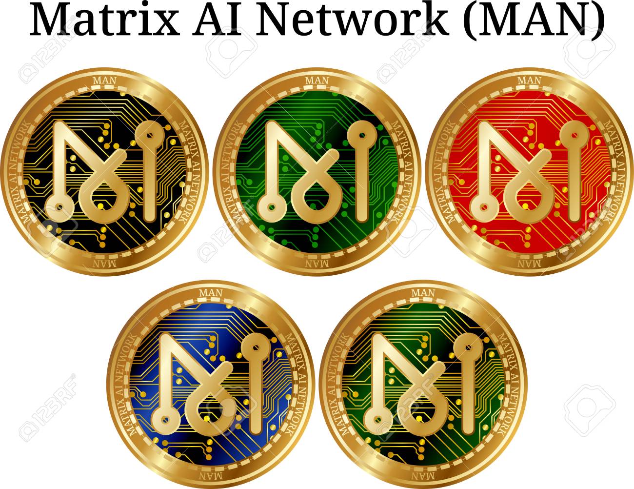 실제 황금 동전 매트릭스 AI 네트워크, 디지털 암호 화폐의 집합입니다. 매트릭스 AI 네트워크 아이콘 세트입니다. 벡터 일러스트 레이  션 흰색 배경에 고립 로열티 무료 사진, 그림, 이미지 그리고 스톡포토그래피. Image 96262769