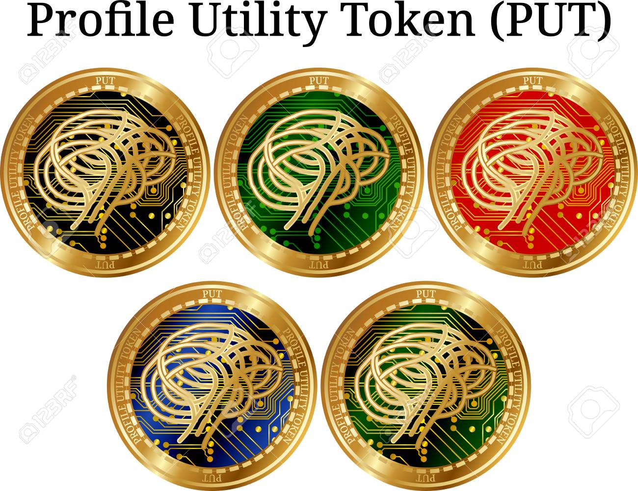 실제 황금 동전 프로필 유틸리티 토큰 (PUT), 디지털 Cryptocurrency의 집합입니다. 프로파일 유틸리티 토큰 (PUT)  아이콘이 설정되었습니다. 벡터 일러스트 레이 션 흰색 배경에 고립 로열티 무료 사진, 그림, 이미지 그리고 스톡포토그래피. Image  96602211