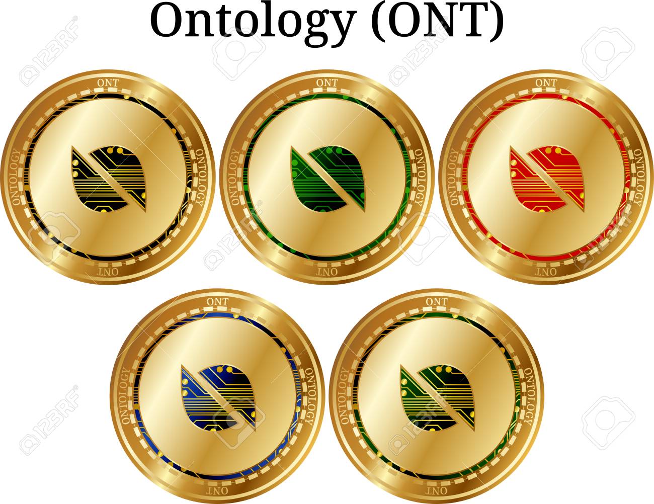 물리적 황금 동전 온톨로지 (ONT), 디지털 Cryptocurrency의 집합입니다. 온톨로지 (ONT) 아이콘을 설정합니다. 벡터  일러스트 레이 션 흰색 배경에 고립 로열티 무료 사진, 그림, 이미지 그리고 스톡포토그래피. Image 97013052