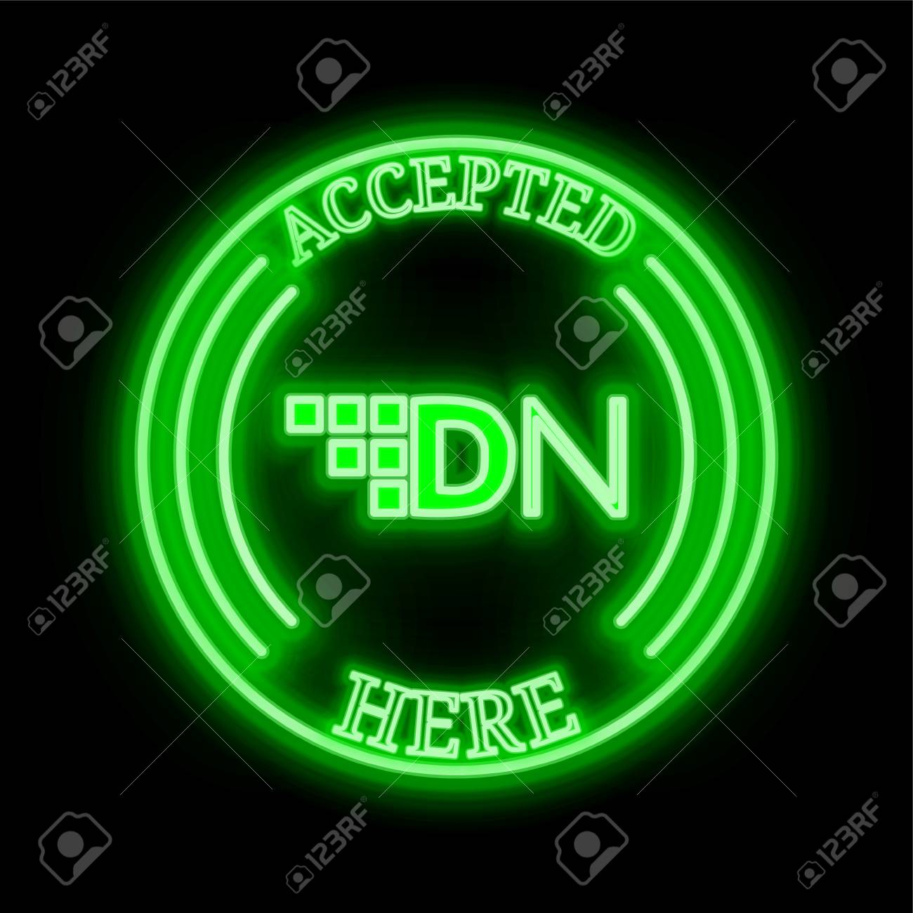 DigitalNote (XDN) Green Neon Cryptocurrency Symbol In Round Frame With Text  