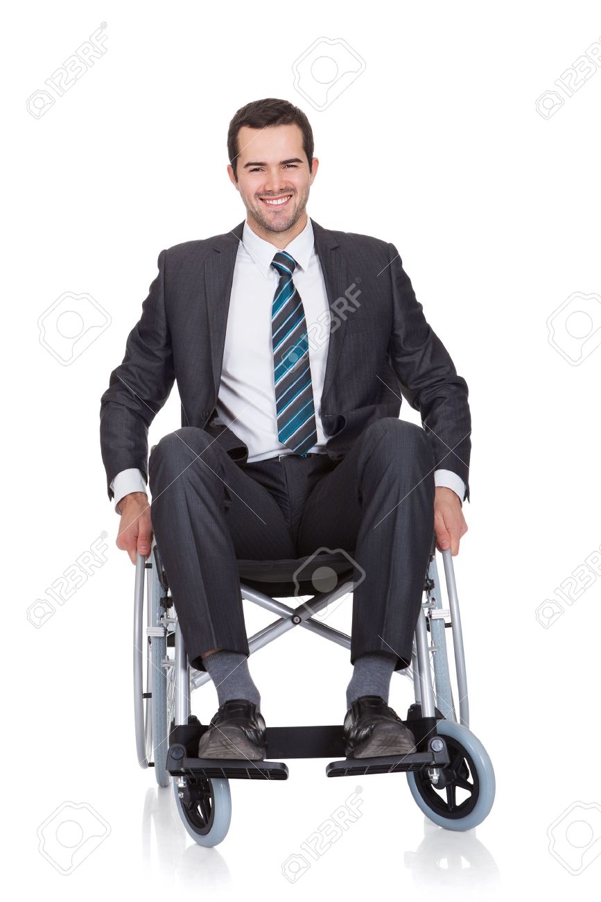 young businessman in wheelchair isolated on white stock photo