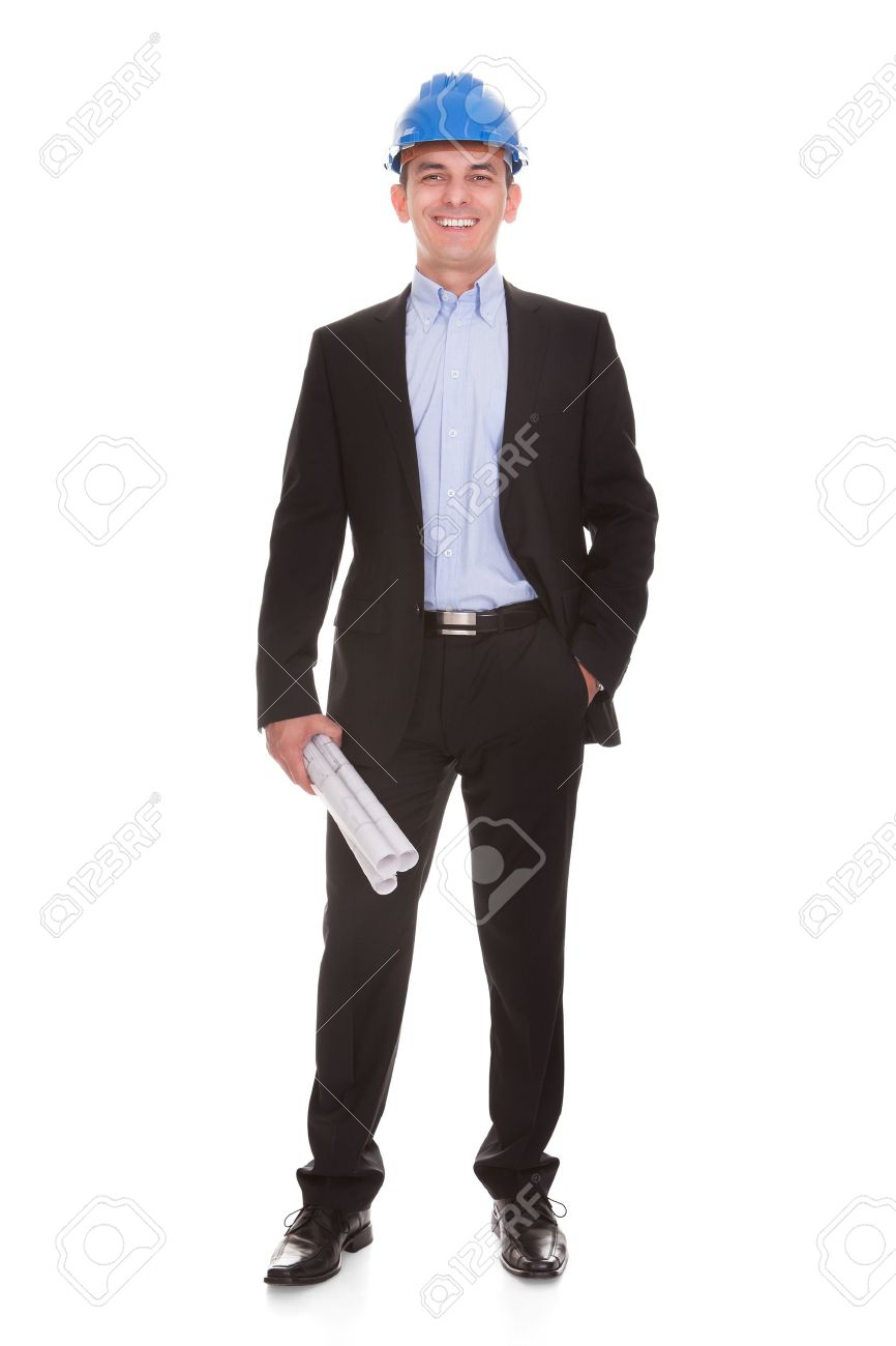 happy male architect standing over white background stock photo