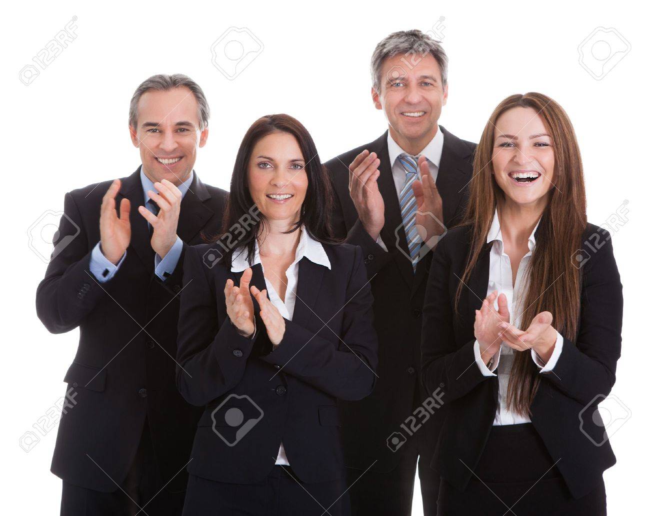 portrait of happy businesspeople clapping over white background