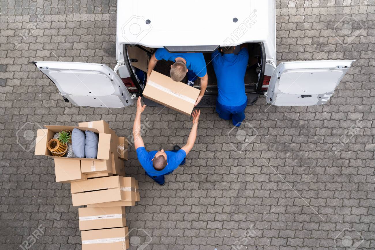 Open Truck Delivery. Mover Men Moving Boxes - 153499203 Open Truck Delivery. Mover Men Moving Boxes - 153499203