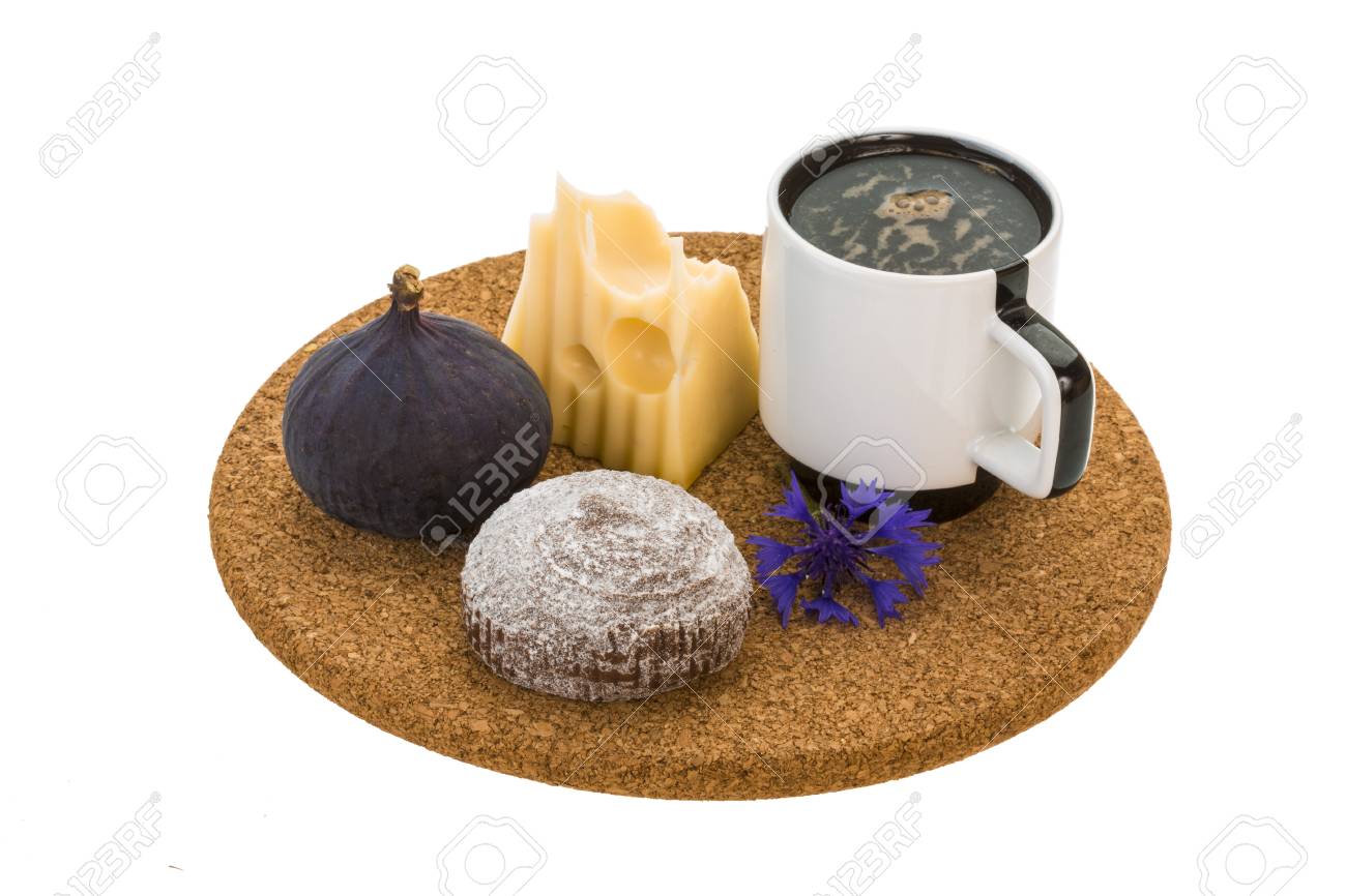 Breakfast With Coffee Cake Fig Cheese And Flower Stock Photo