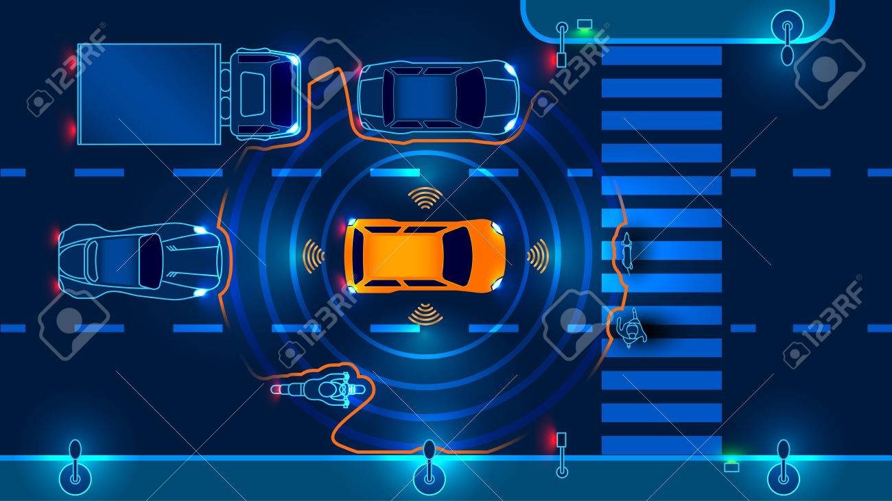 Autonomous smart car scans the road operates the machine automatically stops at the crosswalk in the city. Vector illustration. - 77851159 Autonomous smart car scans the road operates the machine automatically stops at the crosswalk in the city. Vector illustration. - 77851159