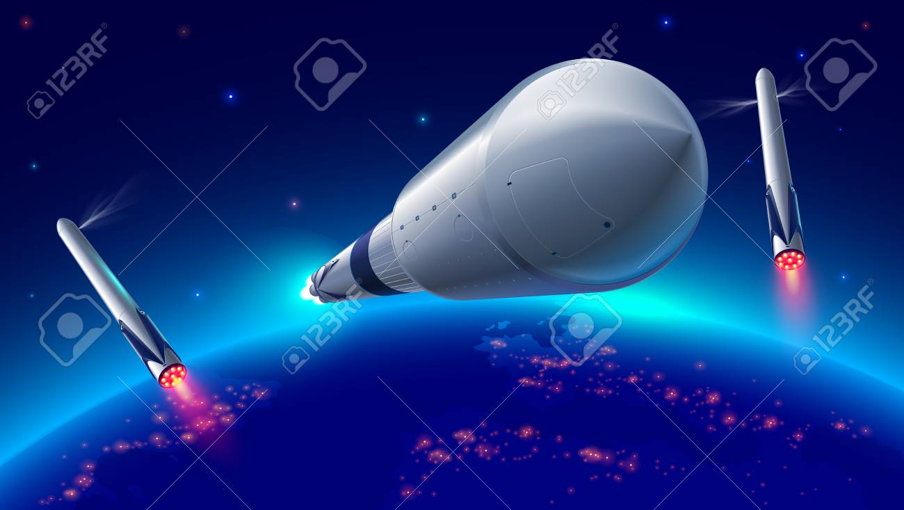 heavy reusable launch rockets into space. Heavy rocket separation stages. Reusable stage rocket return to earth. The spaceship comes on to the earth's orbit. Falcon. USA reusable rocket in space - 92348837 heavy reusable launch rockets into space. Heavy rocket separation stages. Reusable stage rocket return to earth. The spaceship comes on to the earth's orbit. Falcon. USA reusable rocket in space - 92348837