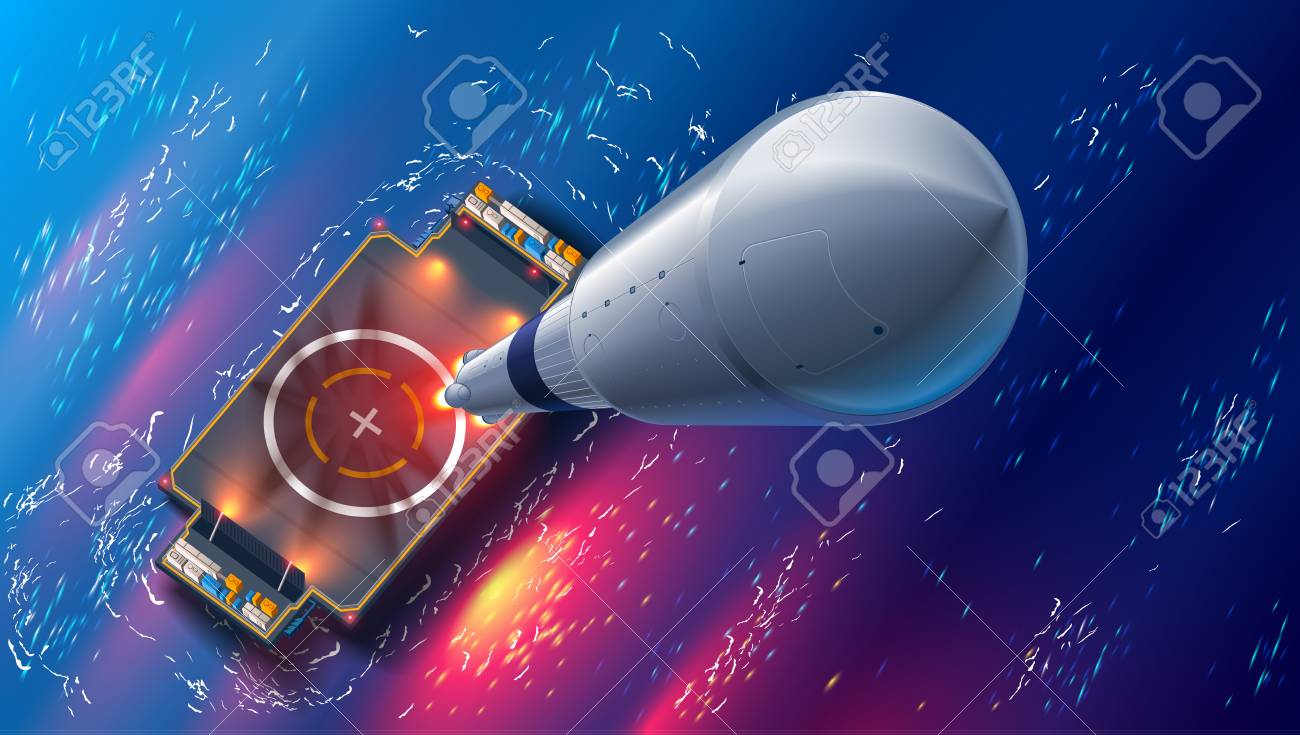 Rocket launch on autonomous spaceport drone ship in sea. Top view. spaceship takes off into space. Marine floating cosmodrome. Aerospace technology future concept. - 93002333 Rocket launch on autonomous spaceport drone ship in sea. Top view. spaceship takes off into space. Marine floating cosmodrome. Aerospace technology future concept. - 93002333