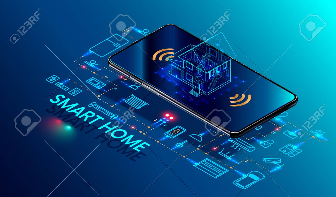 Smart home controlled smartphone. Internet of things technology of home automation system. Small house standing on screen mobile phone and wireless connections with icons home electronics devices. iot - 97307626 Smart home controlled smartphone. Internet of things technology of home automation system. Small house standing on screen mobile phone and wireless connections with icons home electronics devices. iot - 97307626