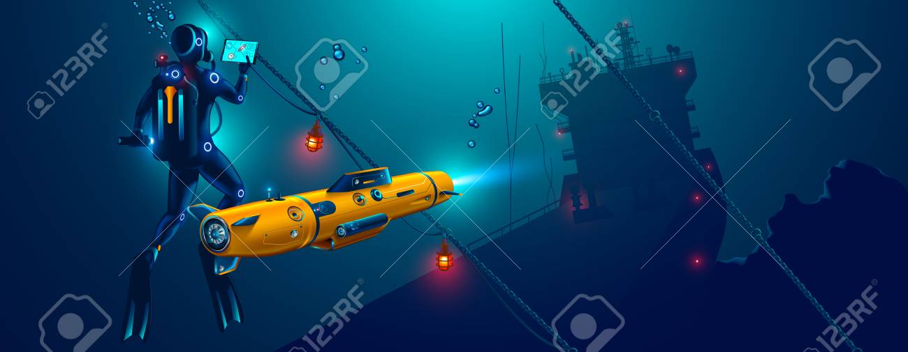 Underwater autonomous robot exploration sea floor. Underwater drone with diver explorat the place shipwreck of ship. - 103603132 Underwater autonomous robot exploration sea floor. Underwater drone with diver explorat the place shipwreck of ship. - 103603132