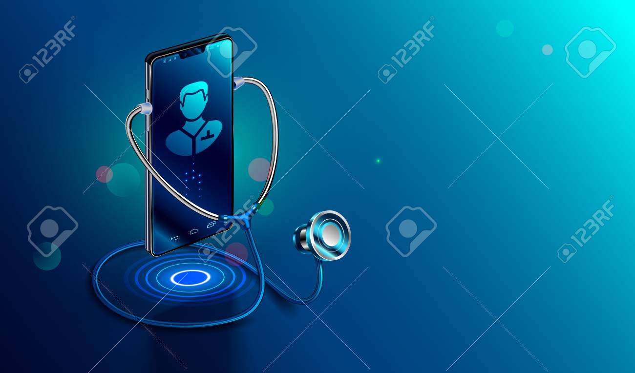 Doctor online concept. Icon Doctor through the phone screen using stethoscope checks health. Online medical clinic communication with patient. Vector isometric illustration. - 114858340 Doctor online concept. Icon Doctor through the phone screen using stethoscope checks health. Online medical clinic communication with patient. Vector isometric illustration. - 114858340