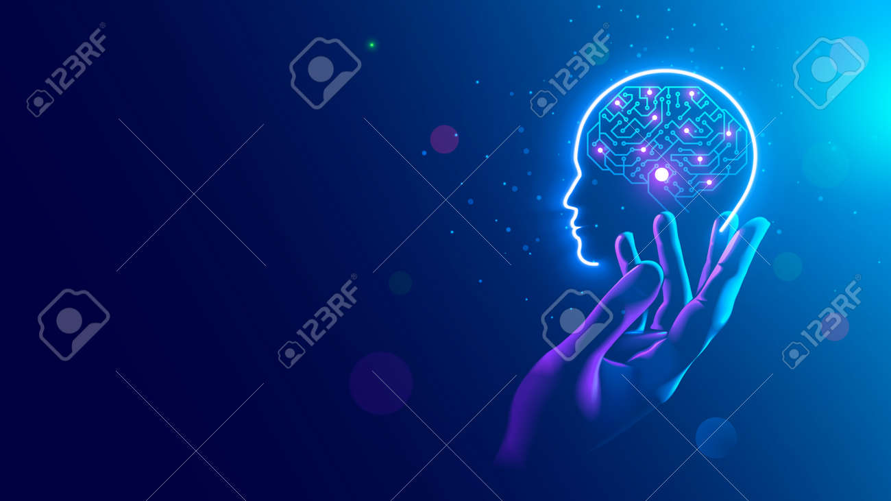 AI. Electronic brain. Neon Silhouette of human head with artificial intelligence hanging over palm hand. Cybernetic artificial neural network. Electronic mind. Neuronet, deep machine learning concept. - 159236486 AI. Electronic brain. Neon Silhouette of human head with artificial intelligence hanging over palm hand. Cybernetic artificial neural network. Electronic mind. Neuronet, deep machine learning concept. - 159236486