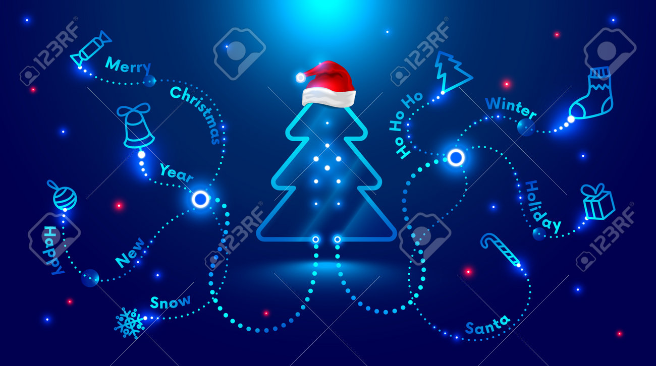 Christmas card in the style of new technologies, engineering, electronics. Christmas tree in red Santa Claus hat and surrounded by Christmas and new year symbols. Christmas sales and marketing - 160354612 Christmas card in the style of new technologies, engineering, electronics. Christmas tree in red Santa Claus hat and surrounded by Christmas and new year symbols. Christmas sales and marketing - 160354612