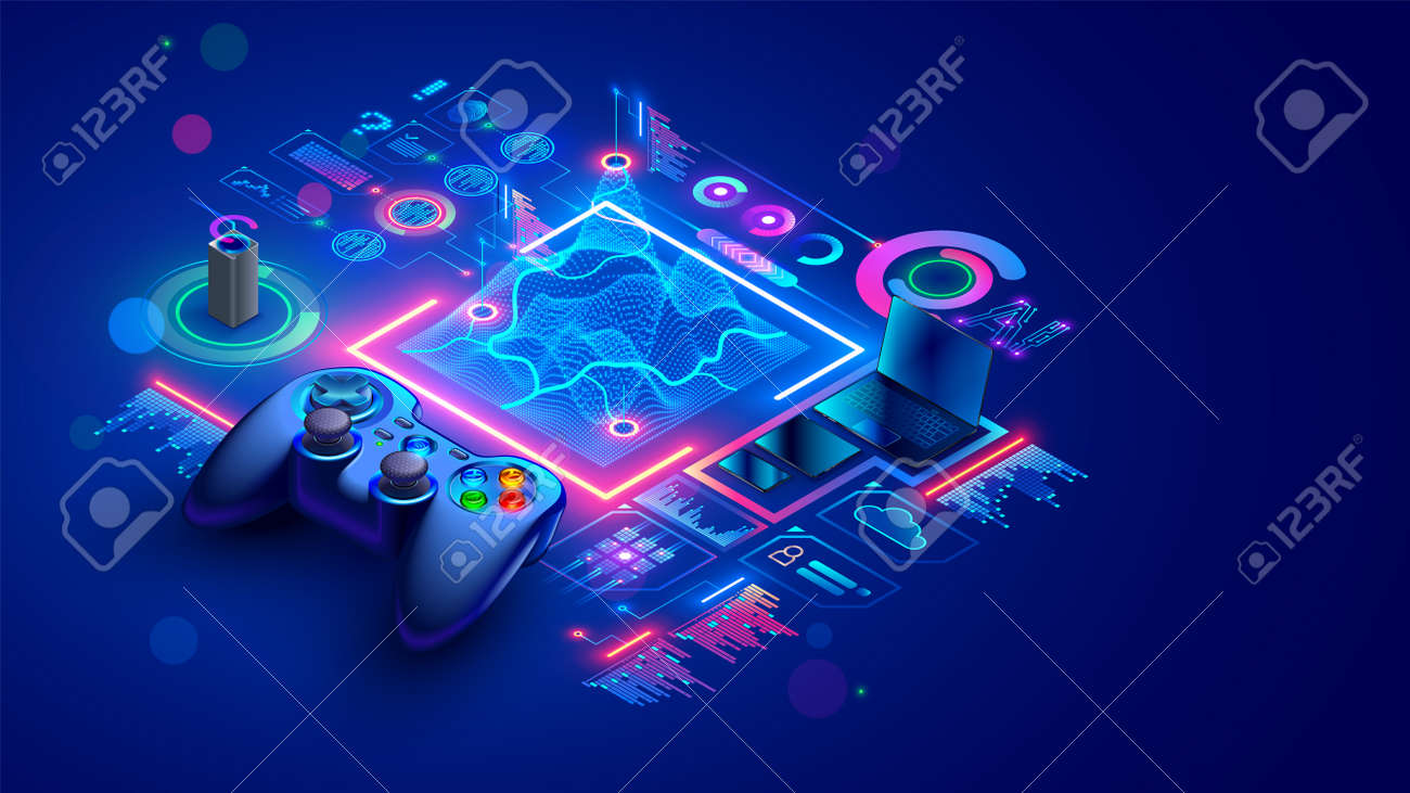 Game dev isometric concept. Education of creation 3d design of location or level computer game. Scripting, programming AI of digital games. Isometric illustration of abstract gamepad or joystick. - 163074930 Game dev isometric concept. Education of creation 3d design of location or level computer game. Scripting, programming AI of digital games. Isometric illustration of abstract gamepad or joystick. - 163074930