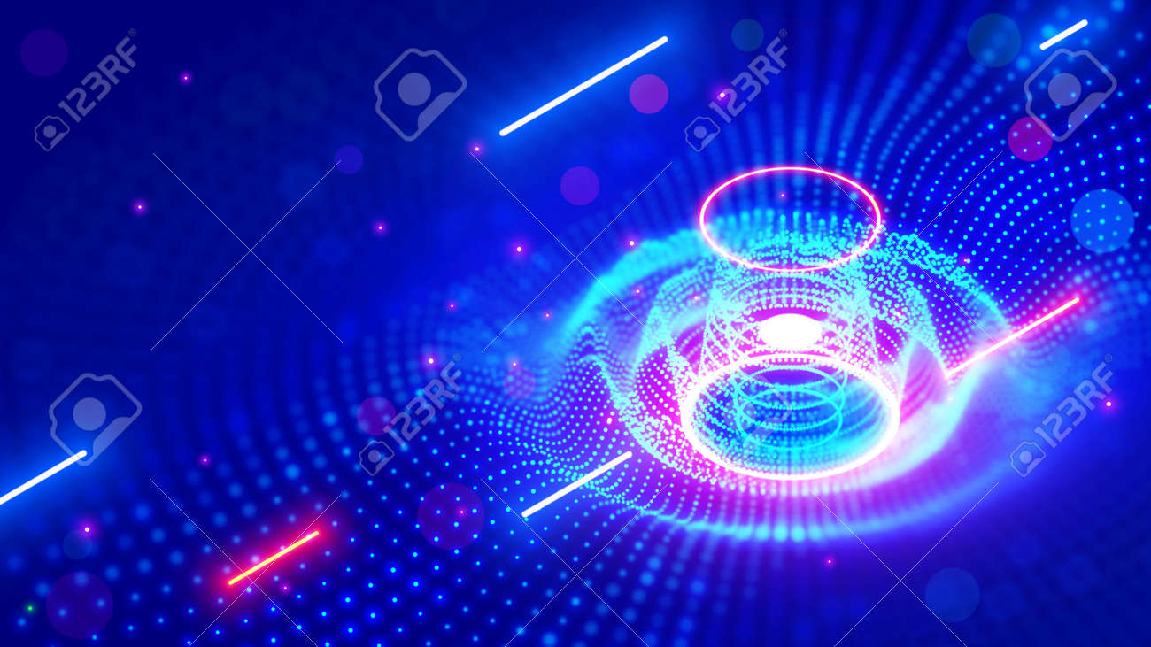 Abstract sound wave. Neon music tech background in nightclub. Equalizer visualizes music waves in technological cyber style. Light dots form of 3d surface images of round splash sounds vibrations - 164468020 Abstract sound wave. Neon music tech background in nightclub. Equalizer visualizes music waves in technological cyber style. Light dots form of 3d surface images of round splash sounds vibrations - 164468020