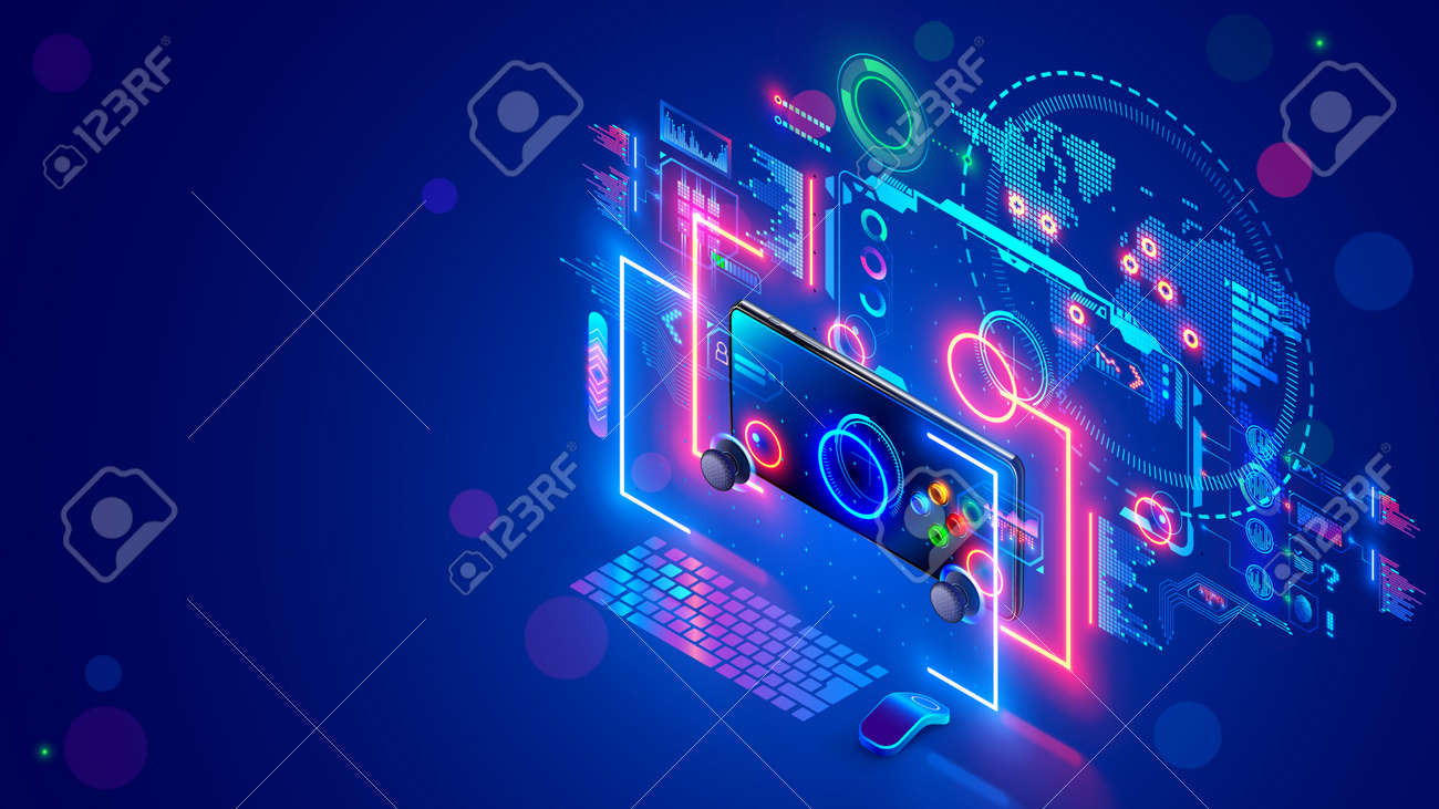 Online computer or mobile video games concept banner. E sports. Desk of computer gamer. Monitor screen, mobile phone hover near holographic of game interface, connected gaming servers on virtual map. - 165414868 Online computer or mobile video games concept banner. E sports. Desk of computer gamer. Monitor screen, mobile phone hover near holographic of game interface, connected gaming servers on virtual map. - 165414868