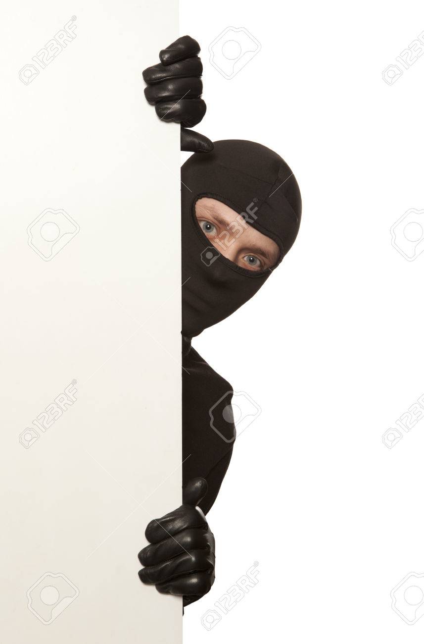 Ninja. Robber hiding behind a empty white sign with space for text. Isolated on white background - 37616807 Ninja. Robber hiding behind a empty white sign with space for text. Isolated on white background - 37616807