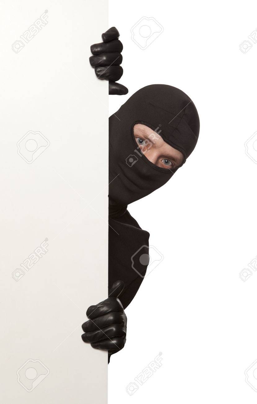Ninja. Robber hiding behind a empty white sign with space for text. Isolated on white background - 38250477 Ninja. Robber hiding behind a empty white sign with space for text. Isolated on white background - 38250477